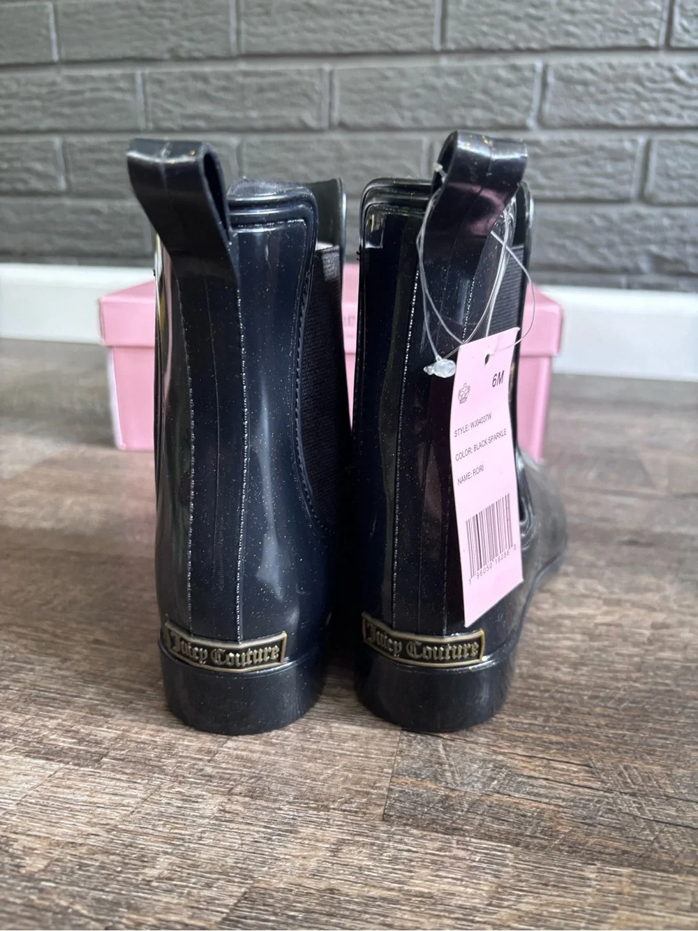 New!! Juicy Couture Rory Black Glossy Chelsea Sparkle Rain Boots- 6